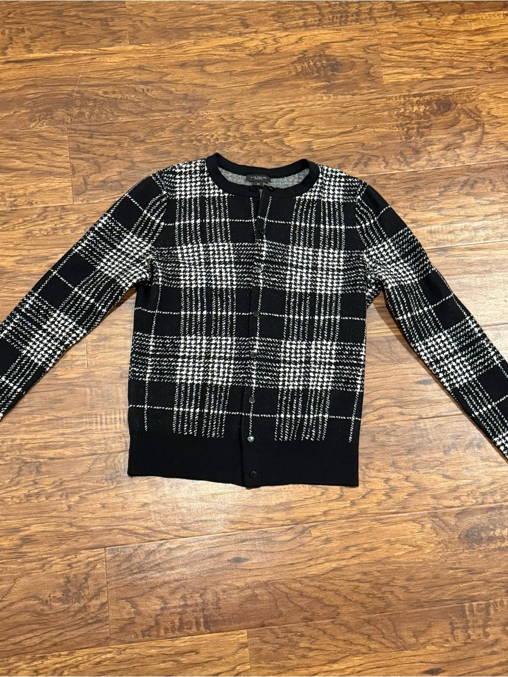 Ann Taylor Factory Black White Plaid Houndstooth Cardigan Sweater XS